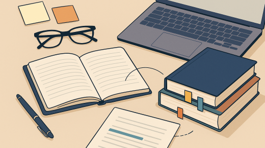 Academic desk with open notebook, laptop, stacked books with tabs, glasses and pen; ideal for MLA citation and formatting guides.