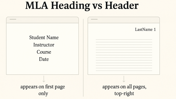 MLA Heading vs Header diagram: first-page heading (name, instructor, course, date) vs top-right header (LastName + page number) on all pages